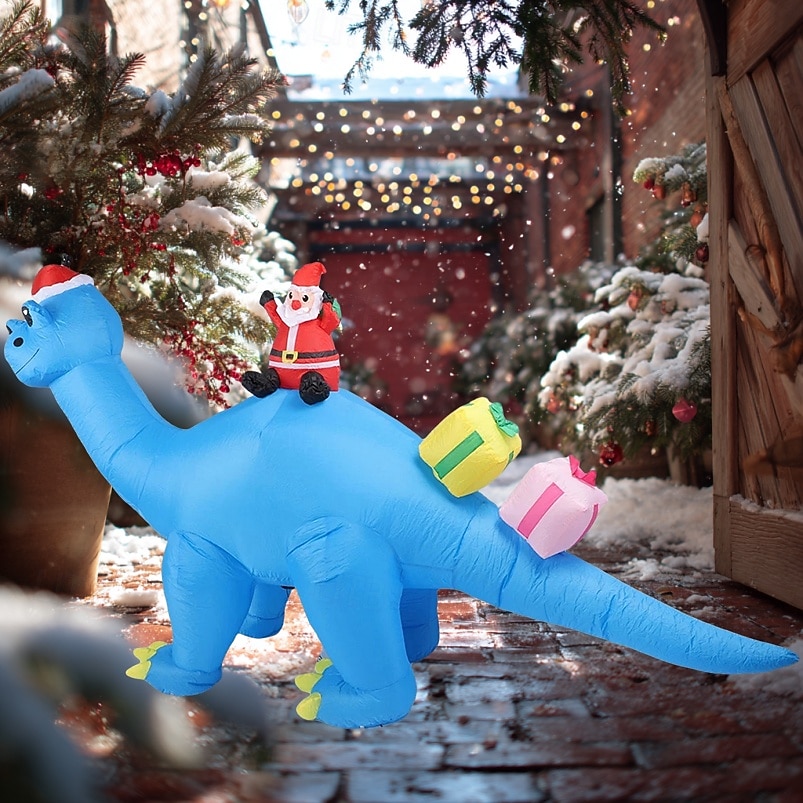 Papá Noel navideño con sombrero azul de Navidad, dinosaurio LED con luz, modelo inflable impermeable para interiores y exteriores, patio, césped, fiesta, ambiente festivo, decoración, luz de apoyo 2025 - $51.99 –P3