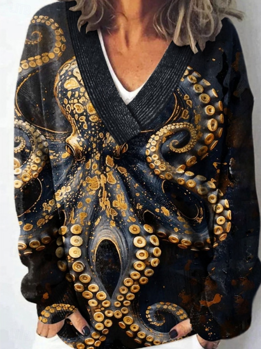 Femmes Pull Occasionnel Doux Fleuri Graphique Côtelé Col en V Tricoté manche longue Hauts Réguliers Tricoter Extérieur Quotidien Week-end Noir Jaune Automne Hiver de 2025 ? $31.99 –P2