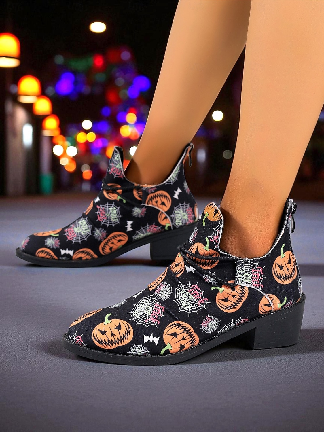 Women's Halloween Pumpkin and Spider Web Ankle Boots – Festive Low Heel Booties for Costume Party, Cosplay and Fall Fashion 2025 - $32.99 –P2