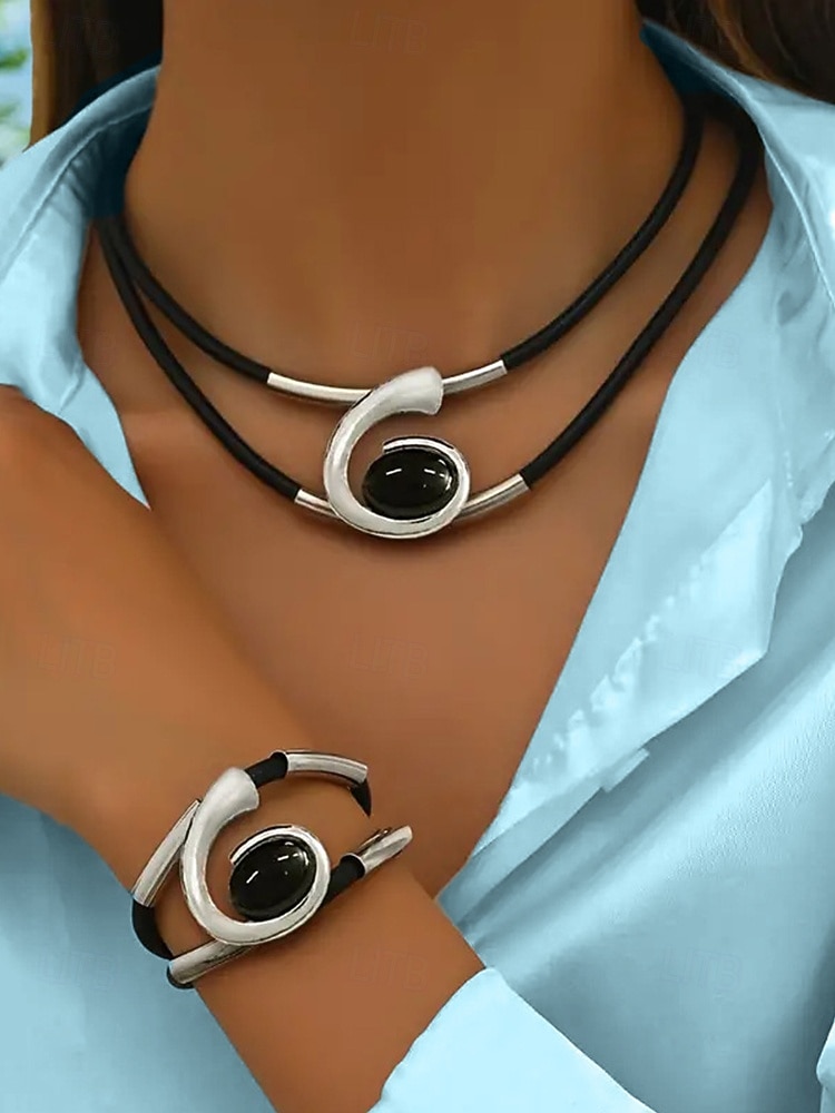 Γυναικείο σετ κοσμημάτων με μποέμ μοτίβο και στροβιλισμό, κολιέ και βραχιόλι με τιρκουάζ σχέδια σε κομψό χρυσό και ασημί, ιδανικό για πάρτι, γάμους και δώρα 2025 - $5.99 –P2