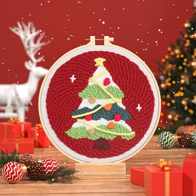 Weihnachtsstickerei-Sets, DIY-Stanznadel-Starterset, handgefertigtes Handarbeitsset für Anfänger, Stoffmaterialpaket mit Feiertagsmotiv, handgefertigtes Kunsthandwerkszubehör für 2025 - $15.99 –P5