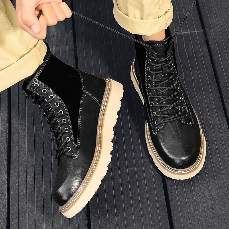Bottes de combat à lacets en similicuir marron pour homme – chaussures de travail et de randonnée d'extérieur durables pour un usage quotidien et l'aventure de 2025 ? $54.99 –P4