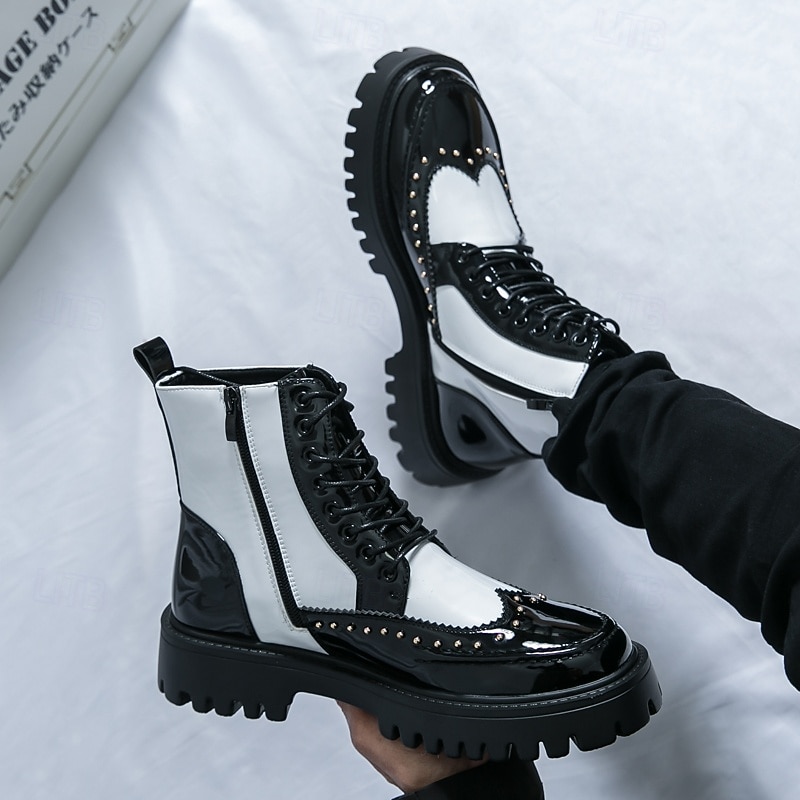 Bottes montantes punk en cuir verni PU pour homme | Détails cloutés et semelle épaisse pour un style urbain de 2025 ? $54.99 –P1