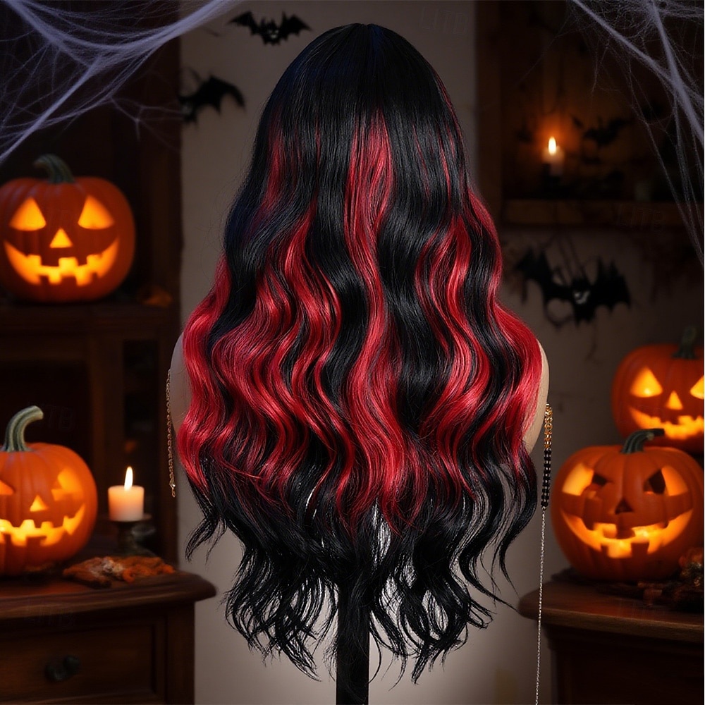 Synthetische Perücken Bodywave Gewellt Mittelscheitel Gerader Pony Perücke 26 Zoll Schwarz / Rot Synthetische Haare 26 Zoll Damen Weich Bequem Mehrfarbig 2025 - $34.99 –P5