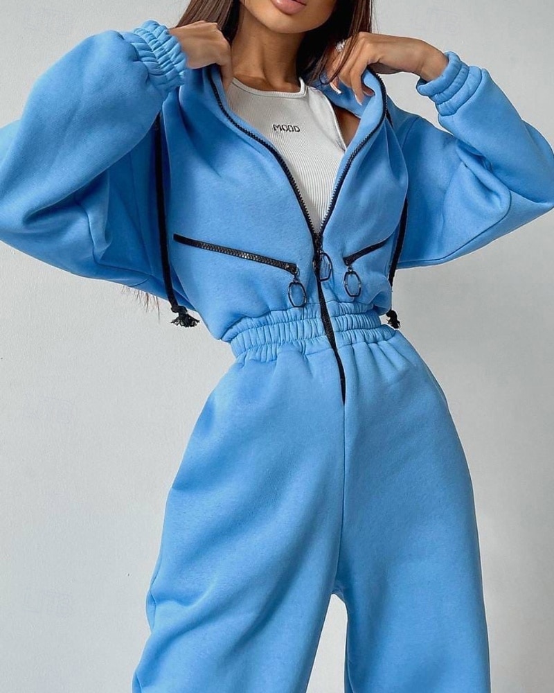 Női Szabályos Jumpsuitek Utcai sikk Színes Hosszú ujj Kapucni Kollázs Cipzár Utca Napi Normál Fehér Arcpír rózsaszín Medence Ősz 2025 - $27.99 –P4