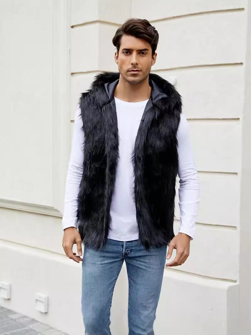 Herren Fleeceweste Kapuzenweste Kunstpelz-Mantel Urlaub Lässig Alltagskleidung Ausgehen Mode Basic Herbst Frühling & Herbst Mit Kapuze Acryl Kunstpelz Bequem Einfach Reisverschluss V Ausschnitt 2026 - $51.99 –P4