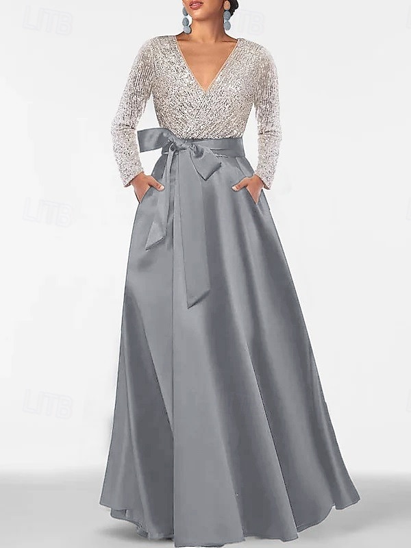 Ligne A Longueur au sol Robe d'invité de mariage Robe de Cérémonie Robe Évasée Robe de Mère de Mariée  manche longue Col en V Élégant Mariage Formel robe demoiselle d honneur Satin avec Paillettes de 2026 ? $172.99 –P9