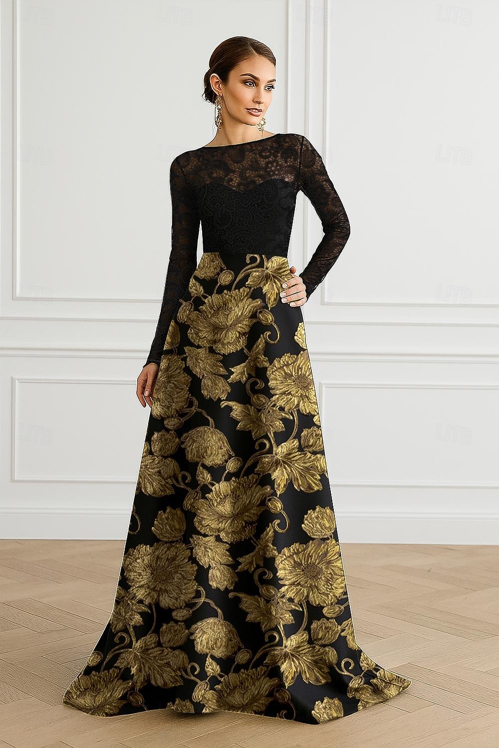Linia -A Lungime Podea Rochii de bal Rochii de seara Rochie De Bal Rochie formală Elegant strălucitoare Stil Vedetă Manșon Lung Bateau Petrecere în grădină Nuntă Dantelă cu Imprimeu 2026 - $218.49 –P1