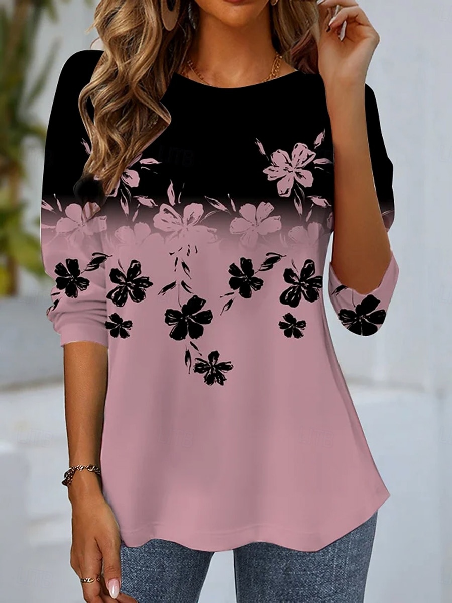 Damskie Podkoszulek Nadruk Ombre Kwiaty Graficzny Zabytkowe Elegancki Klasyczny Długi rękaw Półgolf Okrągły dekolt Zwykłe topy Codzienny Brudny róż Wiosna Jesień Zima 2026 - $24.99 –P1