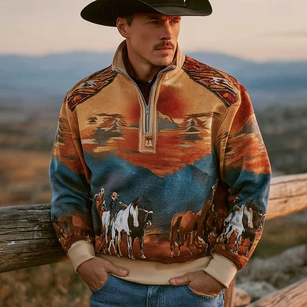 Herr Cowboy Tröja Etnisk Vintage retro Långärmad Hög krage Utomhus Arbete Gåva Brun Dragkedja Höst Vinter Designer S M L XL XXL XXXL 2026 - $28.99 –P1