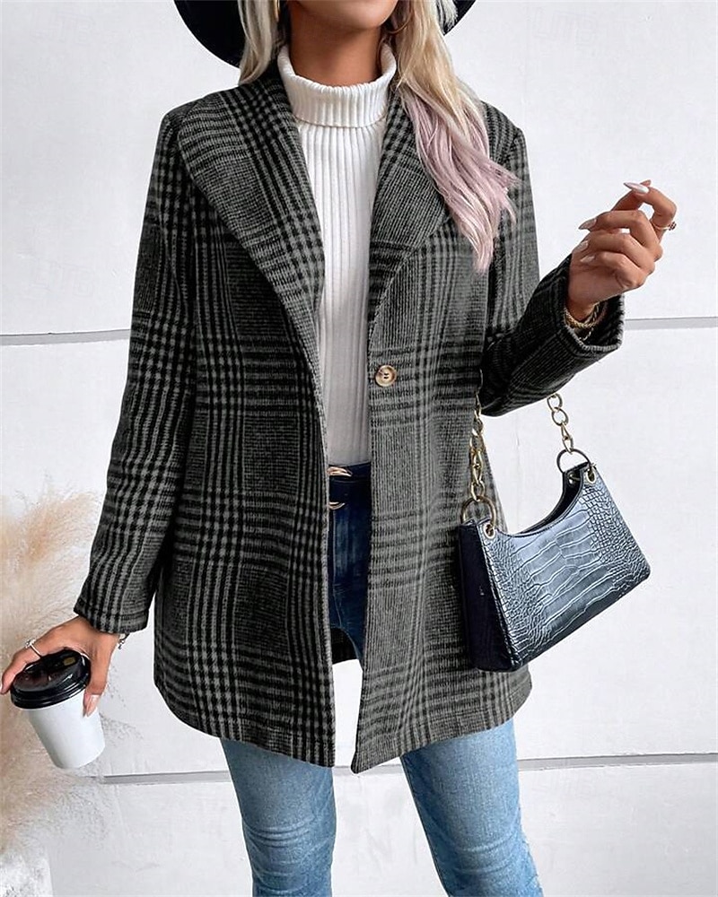 Women's Blazer Comfortable Buttons Elegant Fashion Outdoor Lattice Going out Casual Daily Weekend Single Breasted Regular Lapel Regular Fit Long Sleeve Outerwear Red Camel Gray Spring Fall 2026 - $31.99 –P4