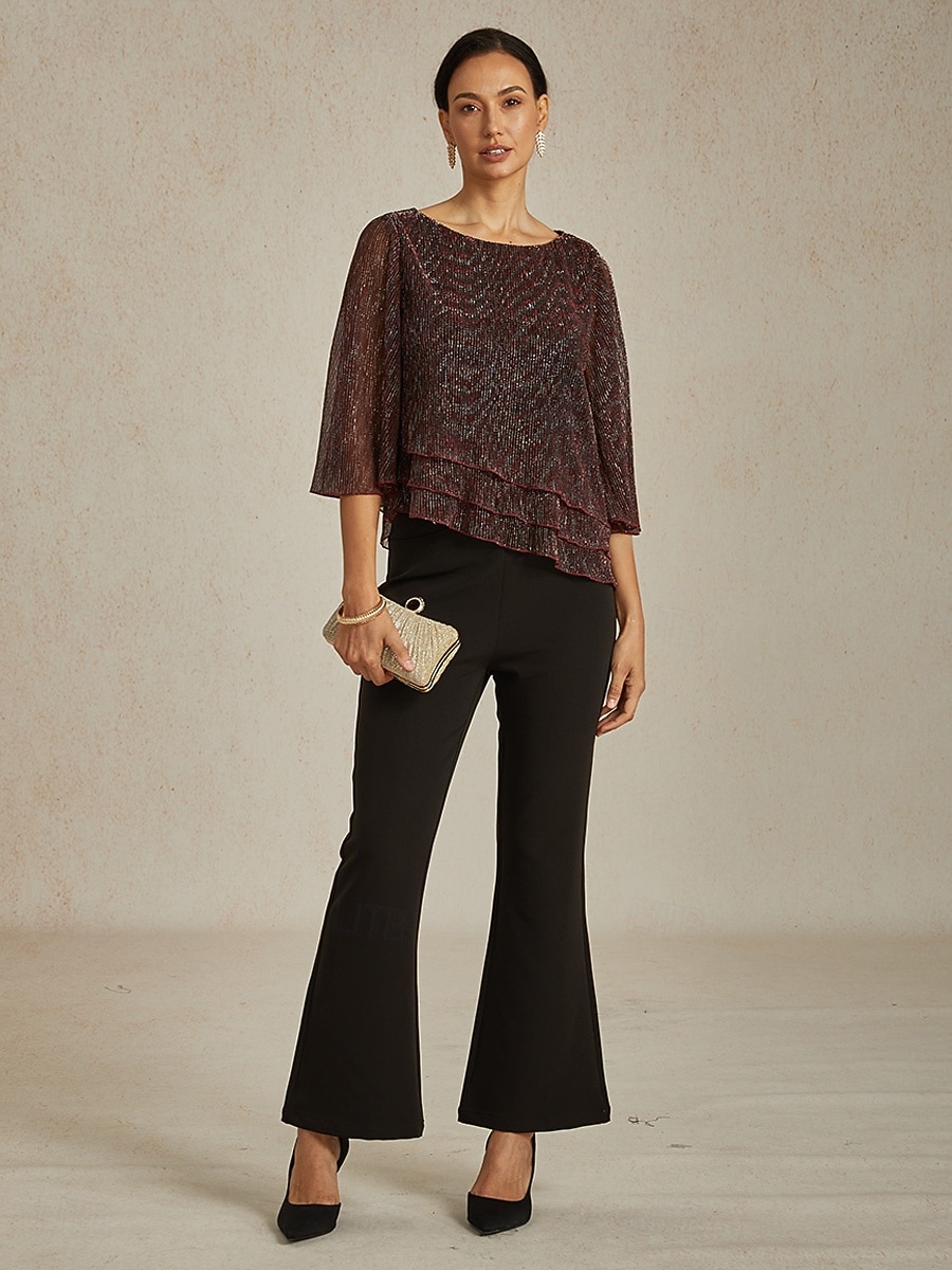 Women's Blouse Dressy Tops Flowy Tops Chiffon Tops Elegant Vintage Stylish 3/4 Length Sleeve Crew Neck Boat Neck Work Daily Date Night Outfits Sequins Pleated Patchwork Wine Spring Fall 2025 - $69.99 –P6