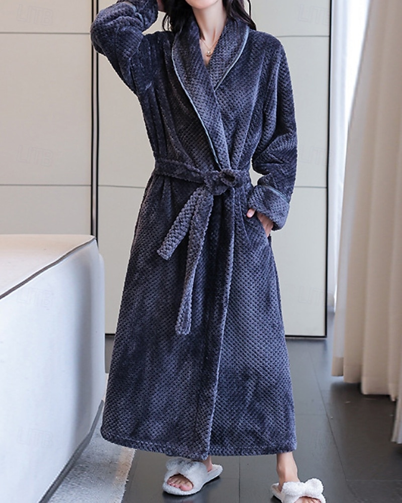 2026年 女性用 パジャマ ローブ フランネル ファッション カジュアル ピュアカラー ポケット バケーション 家 ベッドサイド 長袖 Ｖネック ブラック ホワイト ワイン ネイビーブルー グレー 秋 冬 テイラーフィット  コレクション – $41.99 –P2