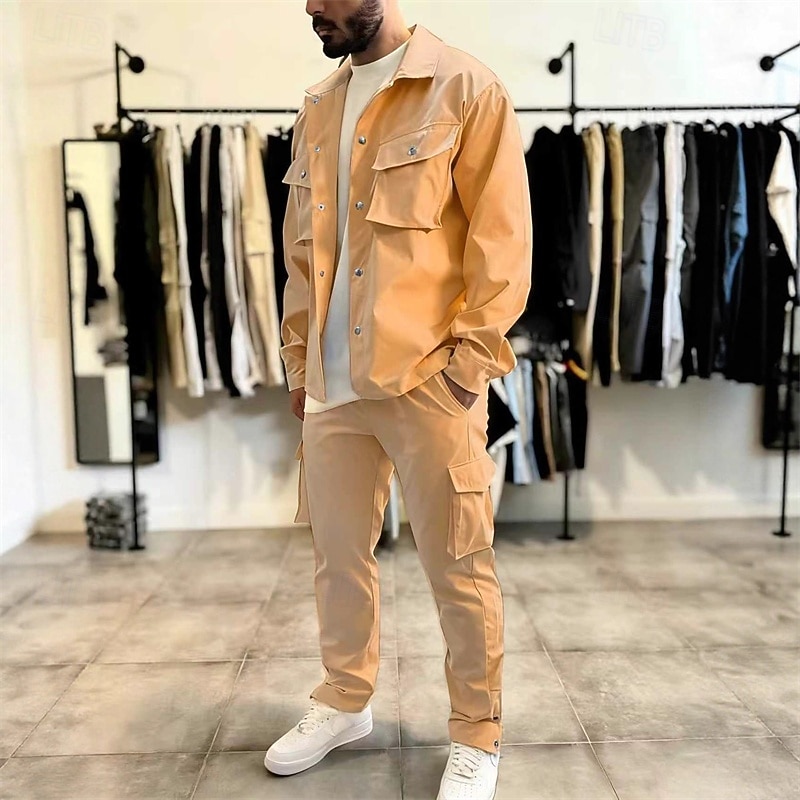 2026年 男性用 軽量ジャケット カーゴジャケット カジュアルジャケット セット バケーション 日常 保温 ポケット 2個 秋 冬 平織り ファッション クラシック ラペル レギュラー ブラック ネイビーブルー スカイブルー カーキ色 ジャケット  コレクション – $61.99 –P1