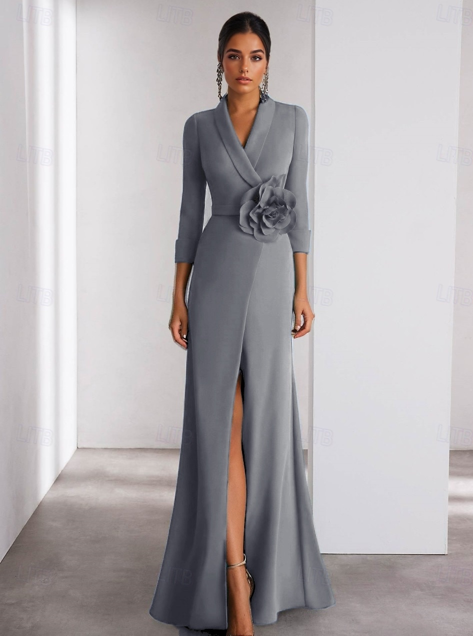 A-linjeformad aftonklänning Elegant klänning formell bröllop golvlängd lång ärm skjortkrage stretch crepe med slits axelblomma 2025 - $139.99 –P1
