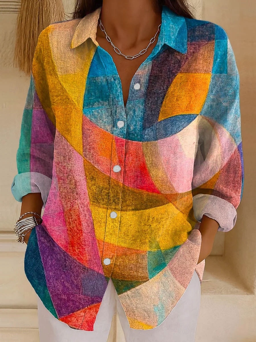 Camicia da donna in lino come traspirante leggera grafica geometrica vintage tropicale quotidiana a maniche lunghe colletto regular top quotidiano stampa rosa blu arancione verde primavera autunno del 2026 a $36.99 –P4