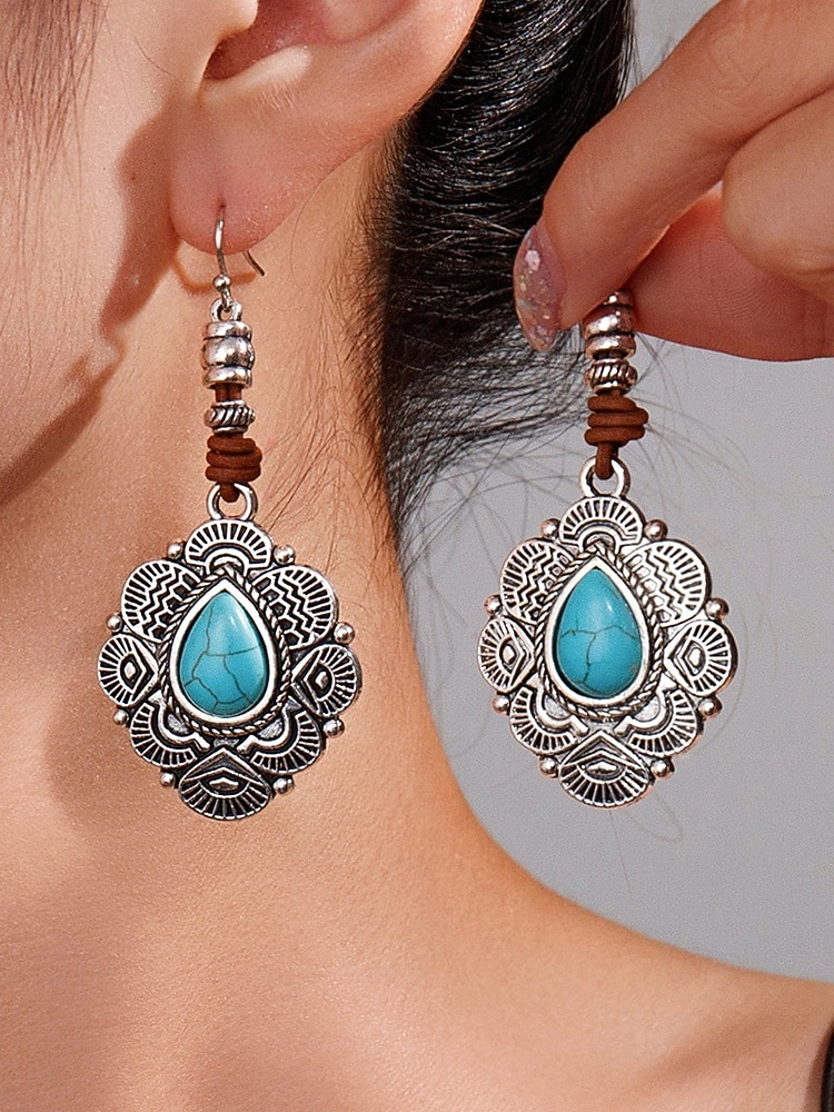 Boheemse oorbellen met bloemen en turquoise steen voor dames, vintage oorbellen van legering voor casual gebruik, op het strand en op feestjes 2026 - $7.99 –P5