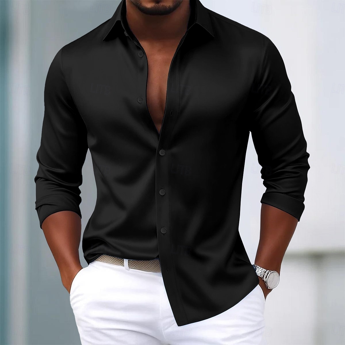 Herren Hemd Satinhemd Kleidhemd Freizeithemd Knopfhemd Abschlussballhemd Einfach Formell Hochzeit Hellblau Schwarz Weiß Wein Langarm Revers Ganzjahres Bekleidung 2025 - $23.99 –P7