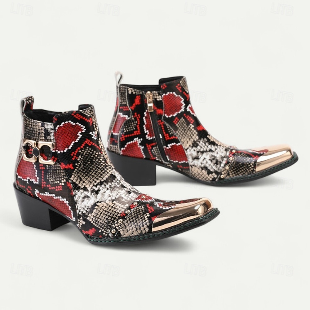 2025年 メンズの赤と黒のヘビ柄レザーブーツ - 結婚式、ギャツビーパーティー、イブニングドレスに最適な、メタルキャップ付きのエキゾチックな尖ったつま先アンクルブーツ  コレクション – $159.99 –P8