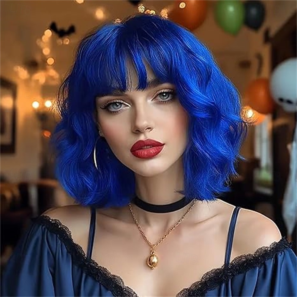 ciemnozielona peruka z grzywką, 14-calowa peruka typu bob z grzywką, krótka, zielona peruka do codziennego użytku na imprezy 2025 - $21.99 –P4