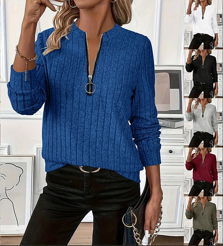 Dame Genser med genser عادي Fritid Langermet V-hals Vanlige topper Gate Hverdag Glidelås Svart Hvit Rød Blå Grønn Høst Vinter 2025 - $23.99 –P1