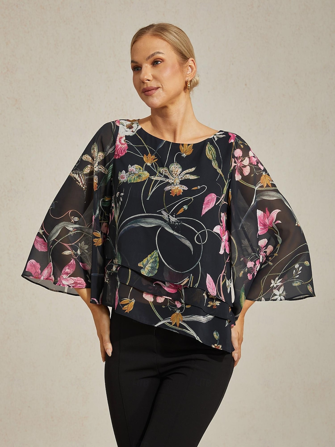 Blusa de mujer negra floral, manga 3/4, suelta, cuello redondo, informal, elegante, para vacaciones, primavera, verano y otoño. 2026 - $15.99 –P5