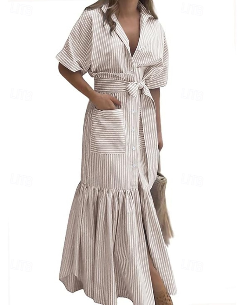 Per donna Abito Lungo Maxi Abito Abito Camicia Moderno Quotidiano All'aperto Vacanza Vestibilità regolare A righe Manica Corta Girocollo Colletto a Camicia Blu Magenta Nero Rosa Primavera Autunno del 2026 a $29.99 –P14