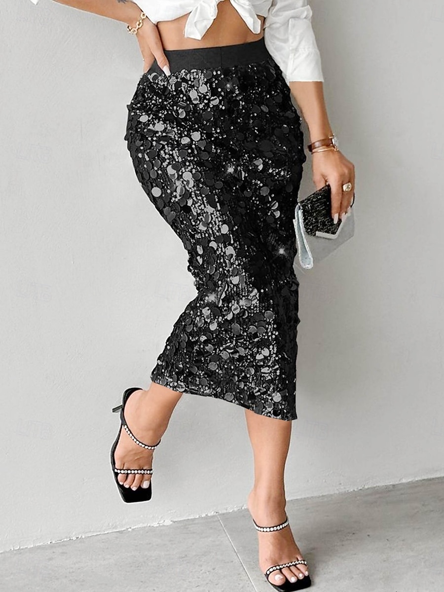 Per donna Gonna Aderente Elegante Moda Midi Vita Alta Gonne Semplice Paillettes Elasticizzato Feste Streetwear Argento Nero Oro Primavera Poliestere del 2025 a $47.99 –P4