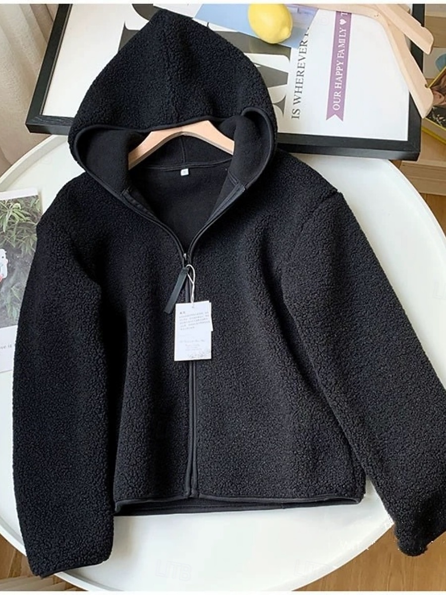 Mulheres Jaqueta sherpa Jaqueta casual Casaco com capuz Confortável Respirável Zíper Casual Tecido Férias Rua Casual Roupa Diária Zíper Padrão Com Capuz Normal Manga Longa agasalhos Azul Claro Preto de 2025 por $36.99 –P10