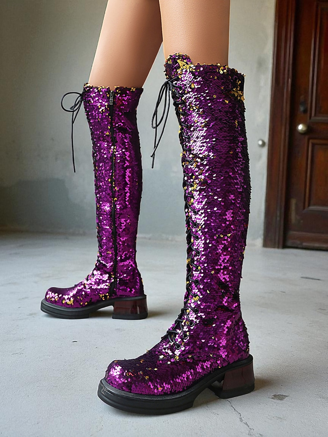 türkisfarbene, kniehohe Schnürstiefel für Damen mit Pailletten – glitzernde Party-Schuhe im Combat-Stil für das Nachtleben und Club-Outfits 2026 - $99.99 –P11