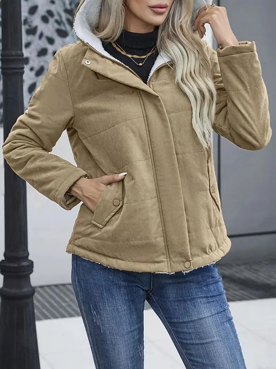 Dam Vinterkappa Fleece-jacka Bekväm Andningsfunktion Ficka Ledigt Slät Semester Gata Ledigt Dagliga kläder Dragkedja Normal Huva Normal Långärmad Ytterkläder Svart Blå Kaki Vår Höst 2025 - $35.99 –P20
