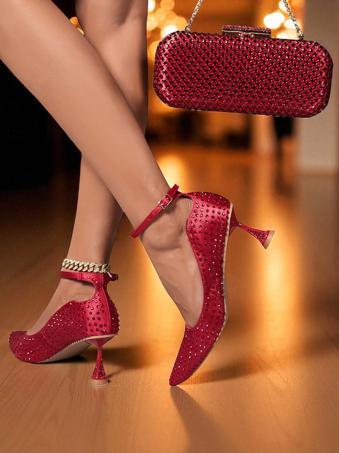 Women's Green Rhinestone Heels and Matching Clutch Bag Set - Elegant Pointed Toe Pumps with Ankle Strap for Formal Events and Cocktail Parties 2025 - $99.99 –P6