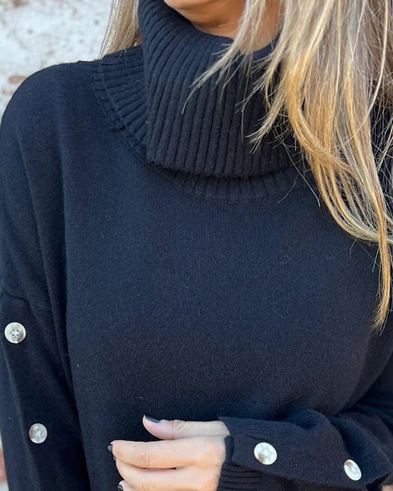 Femmes Pull Mode Streetwear Occasionnel Couleur Unie Côtelé Col roulé Boutons Tricoté manche longue Hauts Réguliers Tricoter Extérieur Quotidien Week-end Noir Automne Hiver de 2026 ? $37.99 –P2