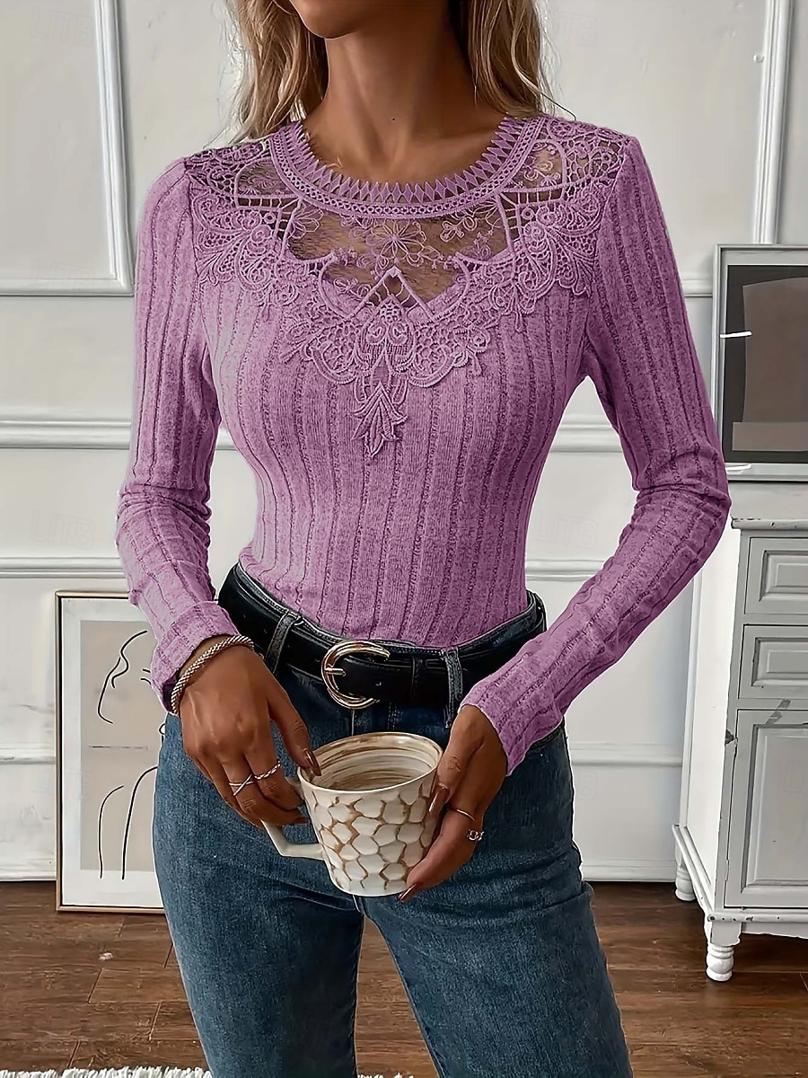 Per donna Blusa Pizzo Patchwork Tinta unica Elegante Essenziale Casual Manica Lunga Girocollo Top Regolari Quotidiano Nero Bianco Rosa Viola Grigio Primavera Autunno Inverno del 2026 a $21.99 –P12