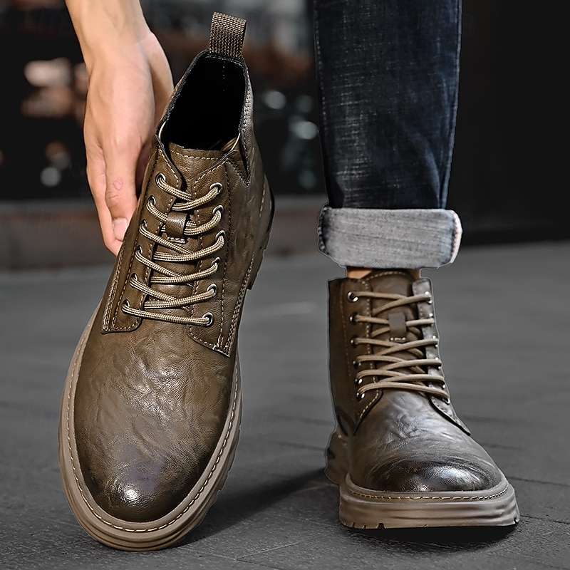 Per uomo Stivali Retrò Camminata Vintage Quotidiano PU Confortevole Stivali a Metà Polpaccio Allacciatura Nero Cachi Primavera Autunno del 2026 a $59.99 –P3