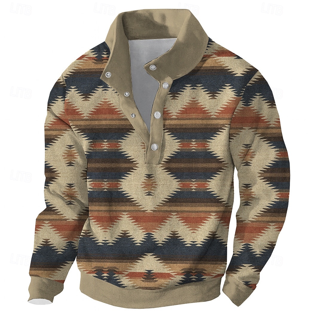 Men's Patchwork Sweatshirt Ethnic Vintage Retro Long Sleeve High Neck Outdoor Sports Outdoor Travel Blue Brown Green Buttons Fall Winter Designer S M L XL XXL 3XL 2026 - $28.99 –P1
