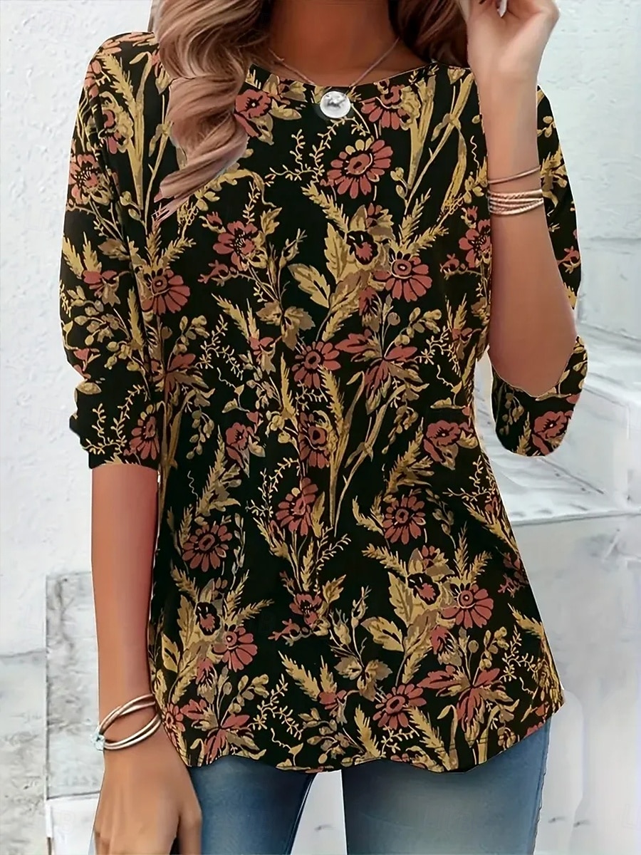 Pentru femei Tricou Imprimeu Floral Grafic Plante Epocă Stilat Clasic Manșon Lung Stil Nautic Rotund Topuri obișnuite Zilnic Negru Primăvară Toamnă Iarnă 2026 - $24.99 –P1