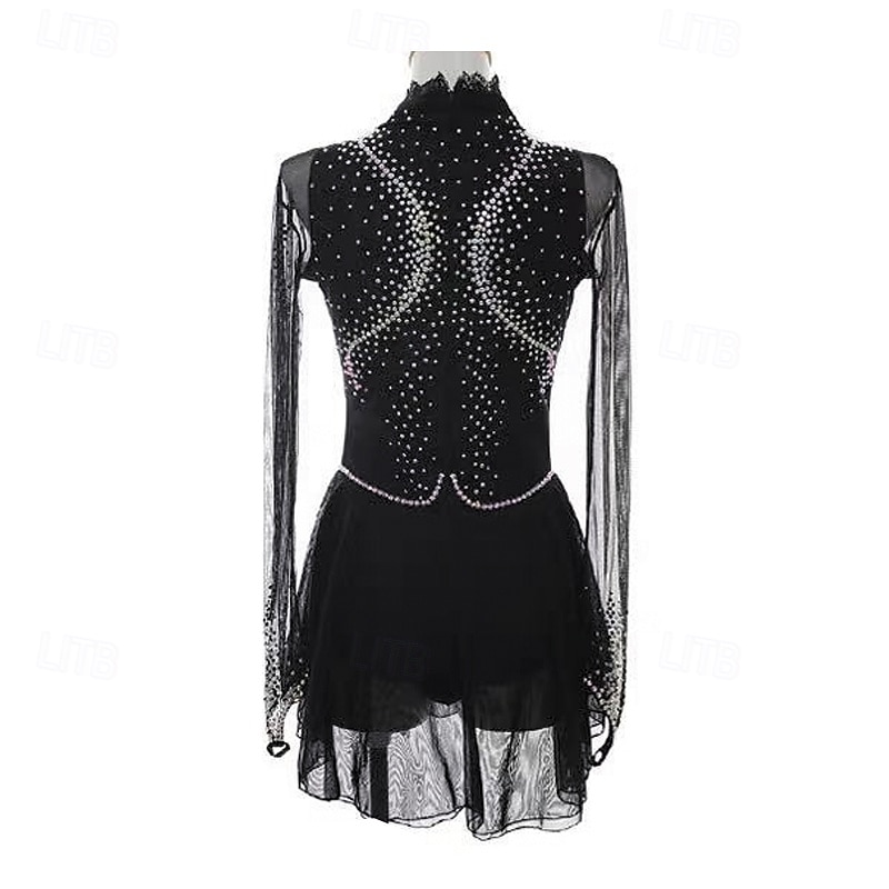 Kunstschaatsjurk Dames Voor meisjes Schaatsen Jurken Zwart Lapwerk Duimopening Netstof Spandex Rekbaar Opleiding Oefenen Professioneel Kunstschaatskleding Thermisch Warm Kristal / Bergkristal Lange 2025 - $257.69 –P2