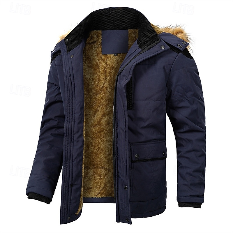 Men's Winter Coat Fleece Jacket Parka Pocket Fleece Polyster Vacation Daily Wear Date Regular Fashion Casual Comfortable Thermal Warm Fall Winter Solid / Plain Color Black Khaki Dark Blue Puffer 2025 - $66.99 –P6