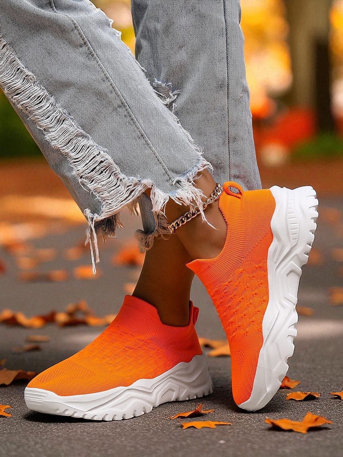 Women's Orange Slip-On Flyknit Sneakers – Breathable Mesh Lightweight Walking Shoes with Chunky Sole for Casual and Sport 2026 - $34.99 –P3