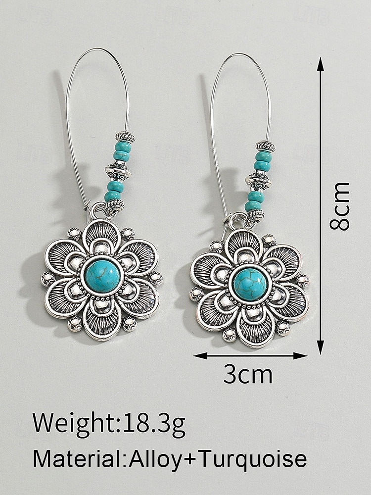Boheemse oorbellen met bloemen en turquoise steen voor dames, vintage oorbellen van legering voor casual gebruik, op het strand en op feestjes 2026 - $7.99 –P7