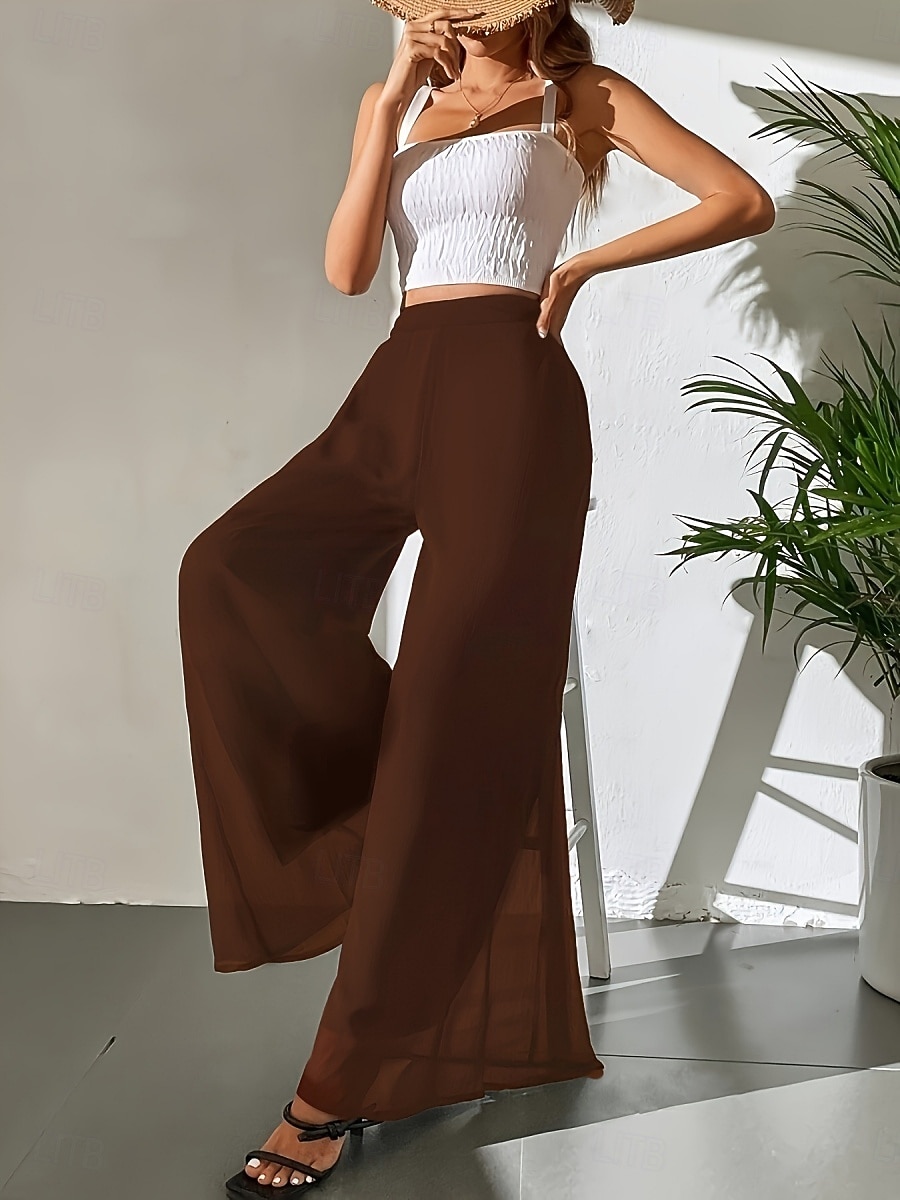 Mulheres Perna larga chinês Moda Roupa de rua Básico Comprimento total Cintura Alta Tecido Cintura elástica Confortável Macio Com Stretch Ao ar livre Rua Casual Marron Escuro Vinho Preto Branco Verão de 2025 por $26.99 –P14