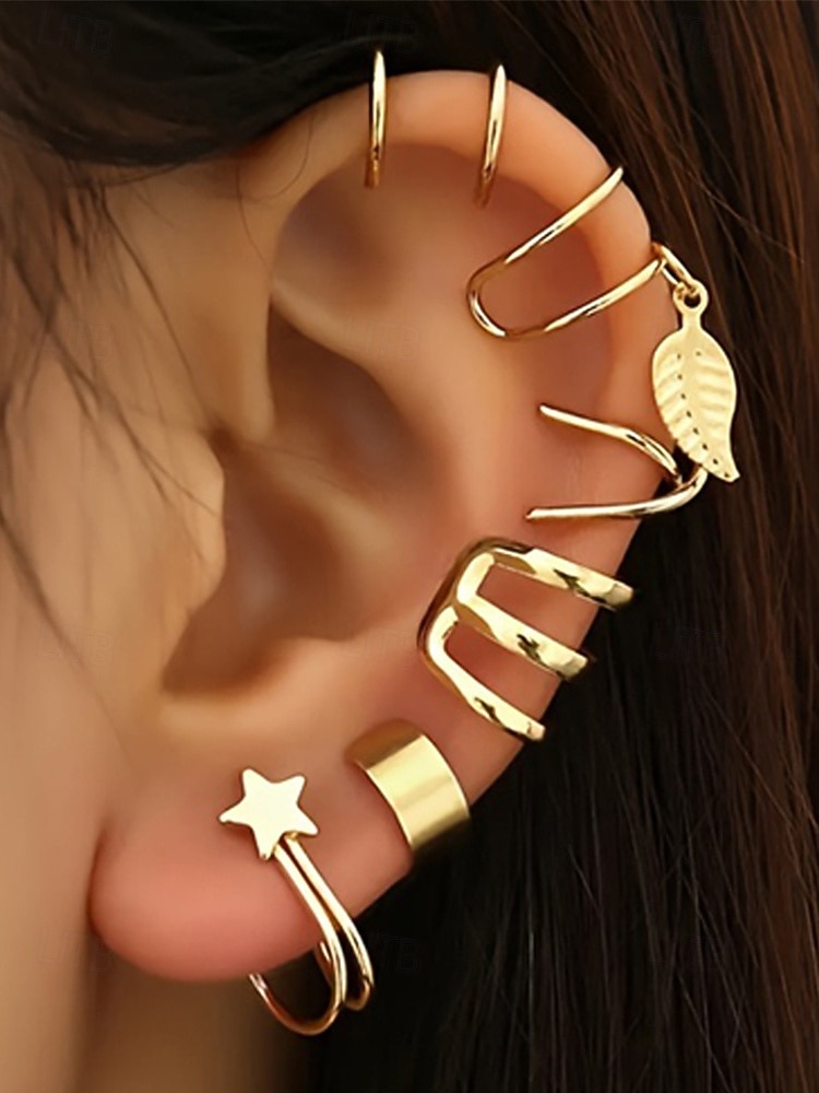 Женский комплект из золотых и серебряных сережек-каффов – серьги-клипсы без пирсинга с рисунком в виде звезд и листьев, модные украшения в стиле панк для вечеринок и повседневной носки 2026 - $7.99 –P1