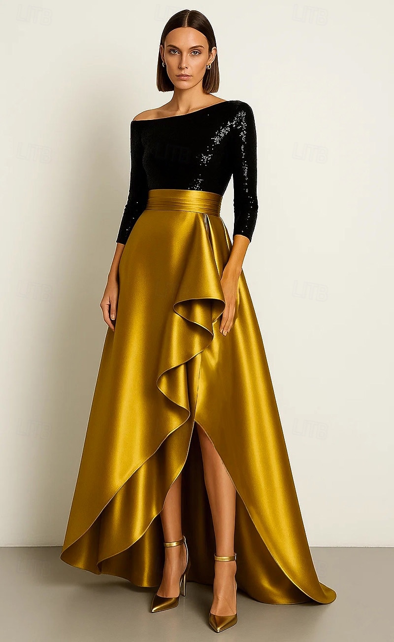 schwarz-goldenes A-Linien-Abendkleid, elegantes Abendkleid, formelle Hochzeit, asymmetrisch, 3/4-Ärmel, ein Schulterstück, Stretch-Pailletten-Satin mit Rüschen, Schlitz 2025 2025 - $159.99 –P1
