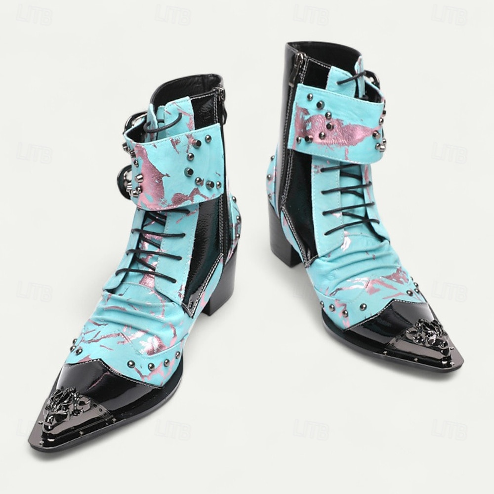 stivaletti da cowboy vintage da uomo – vera pelle di vacchetta con motivo blu, punta affilata e cinturini con fibbia per balli western, spettacoli teatrali e abbigliamento da festa del 2026 a $159.99 –P7