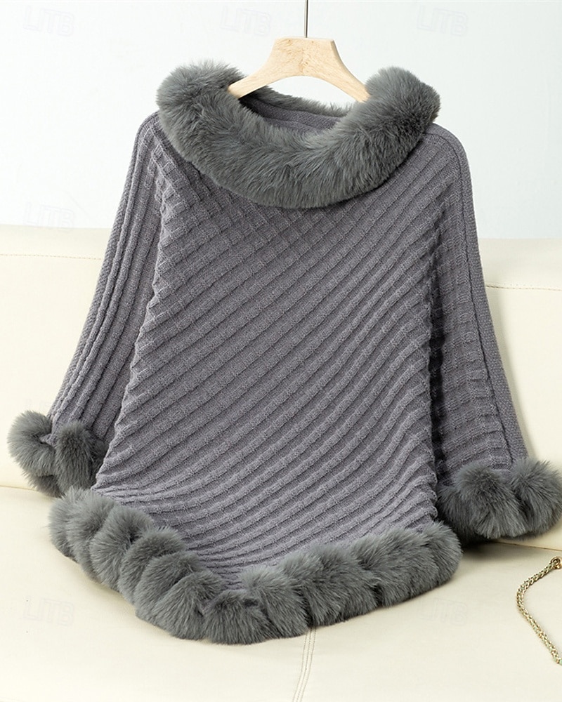 Damen Pullover Schultertuch Elegant Mode Streetwear Einfarbig Gerippt Rollkragen Gestrickt Asymmetrischer Saum Kunstpelzbesatz Halbarm Normale Oberteile Stricken Outdoor Täglich Wochenende Weinrot 2025 - $39.99 –P12