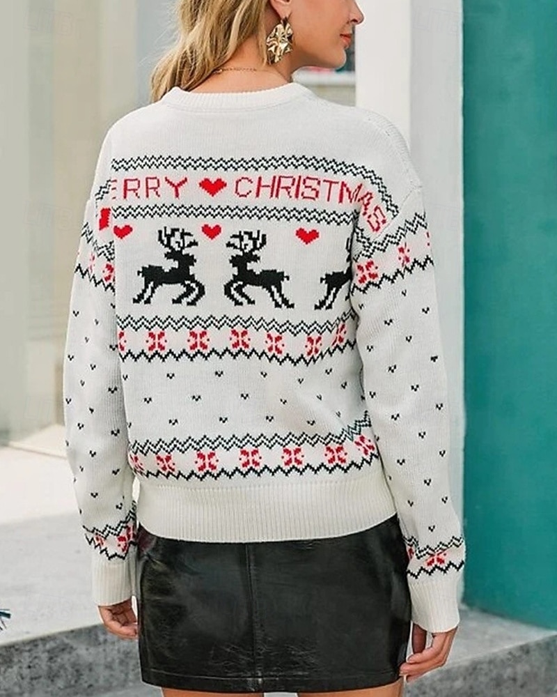 Femmes Pull Mode Occasionnel Renne de Noël Côtelé Col ras du cou Tricoté Imprimé manche longue Hauts Réguliers Tricoter Noël Extérieur Quotidien Blanche Automne Hiver de 2025 ? $28.99 –P2
