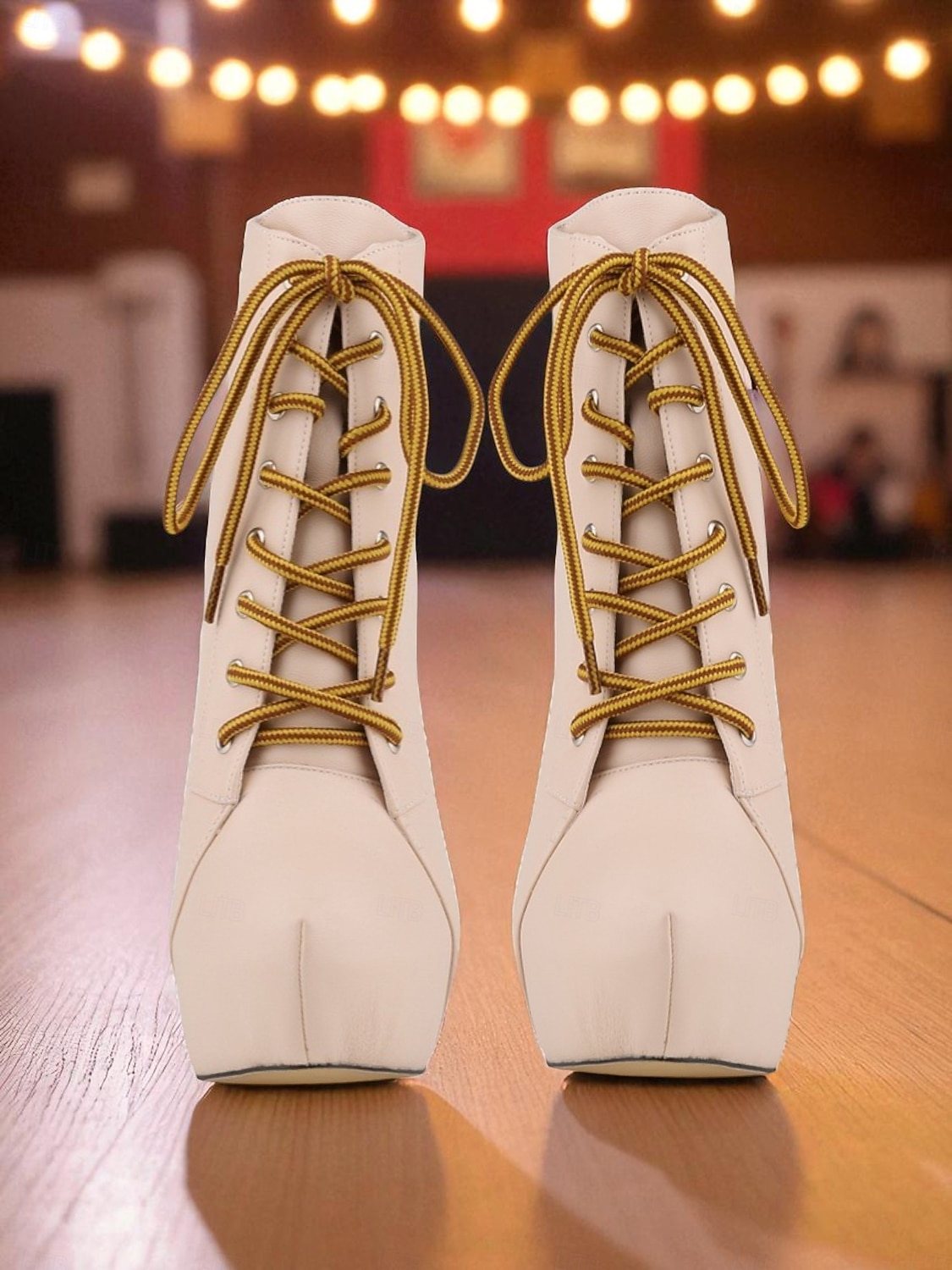 Botas femininas plataforma de couro sintético bege com cadarço - sapatos de festa com salto alto e salto agulha para vida noturna e balada de 2025 por $59.99 –P4