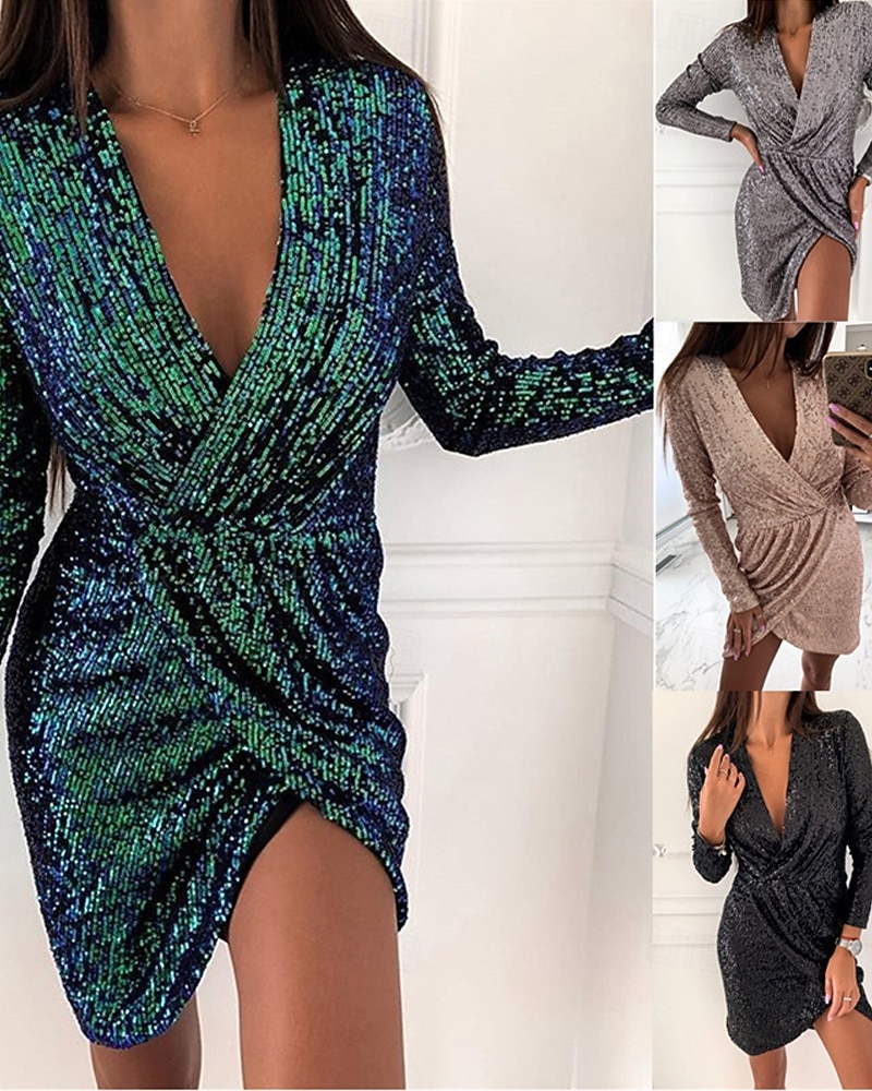 Pentru femei Rochii Midi Rochie neagra Rochie cu paiete Rochie de petrecere Rochie casual Elegant Modă Modern În aer liber Petrecere Zilnic Zvelt Simplu Manșon Lung În V Roz Deschis Negru Alb Roz 2025 - $31.99 –P1