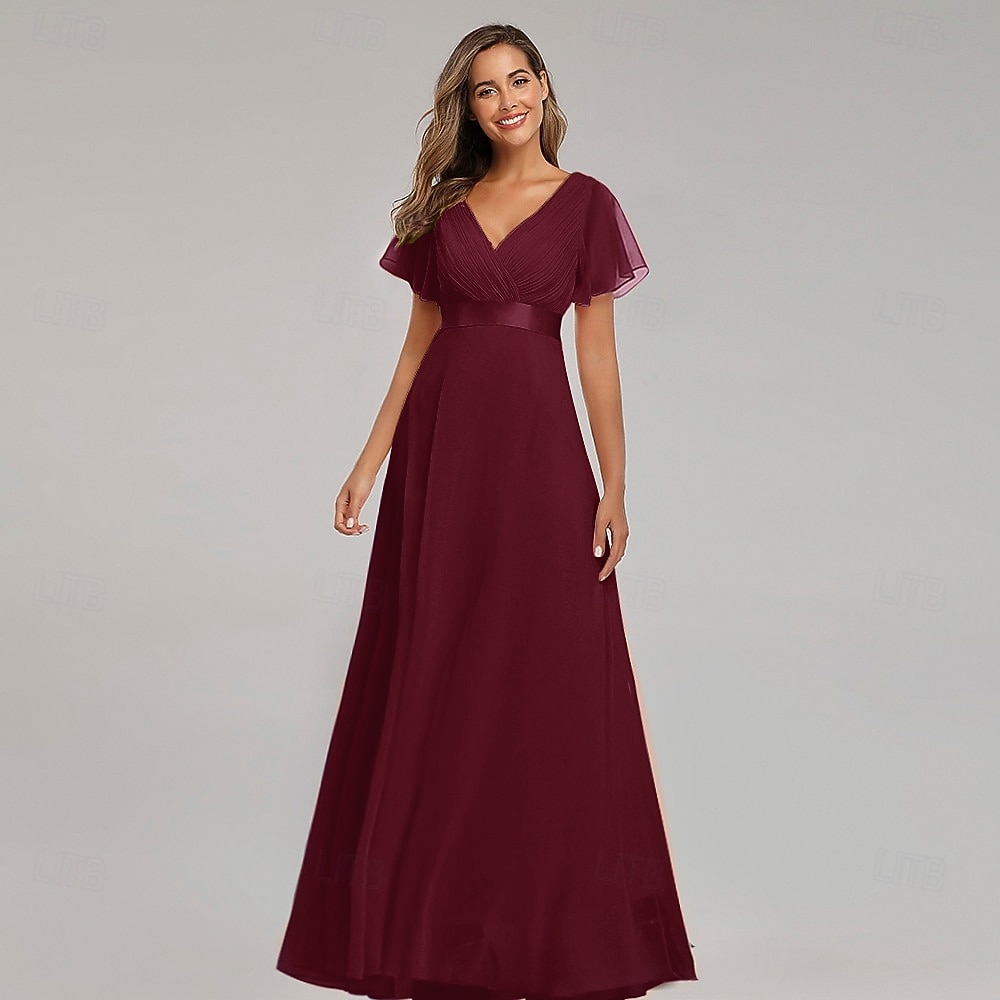 A-Line Ruched Wedding Guest Dress Beach Wedding Elegant Formal Black Tie  For Bridesmaid Floor Length Short Sleeve V Neck Chiffon V Back with Ruffles  dress to impress 2026 - JOD JD58.6